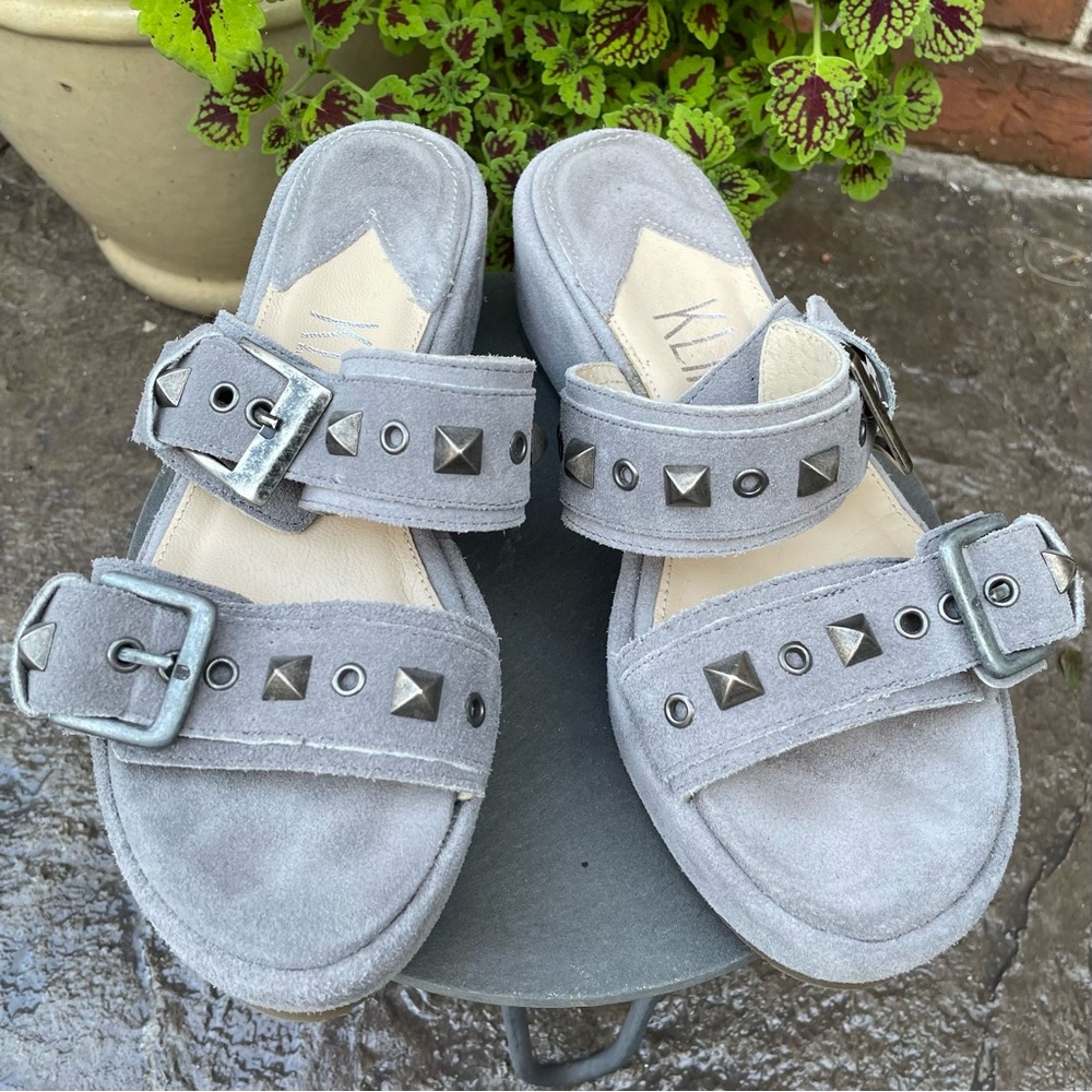 Gray Faux Suede Platform Sandals Studded Double Straps Silver Buckle EU Sizing